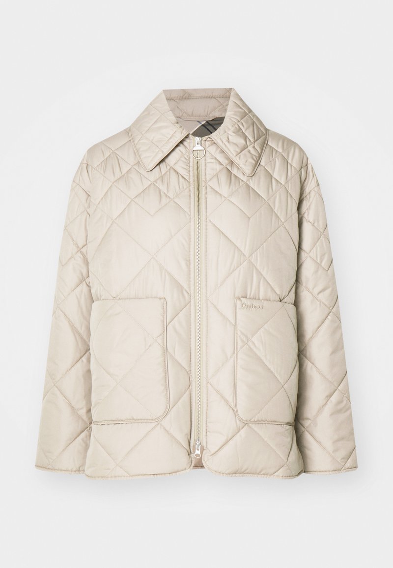 Beige gesteppte Jacke mit großem Kragen, vorne mit Reißverschluss und zwei großen Taschen. Hergestellt aus glattem Stoff mit einer weichen Textur.