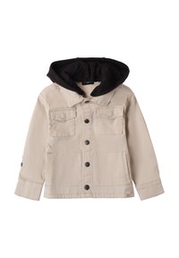 Chaqueta de mezclilla beige con capucha negra, dos bolsillos en el pecho, botones plateados y detalles de costura. Textura suave y diseño casual.