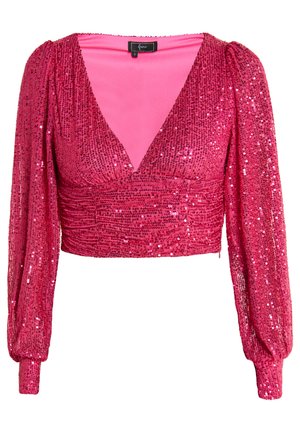 Lyserød palietcrop top med dyb V-udskæring og lange pufærmer. Stoffet er glinsende og har draperede detaljer langs kroppen.