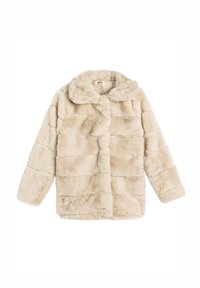 Beige Kunstfellmantel mit Kragen, der ein vertikales Streifenmuster aufweist. Lange Ärmel und eine Knopfleiste vorne. Weicher Textil.