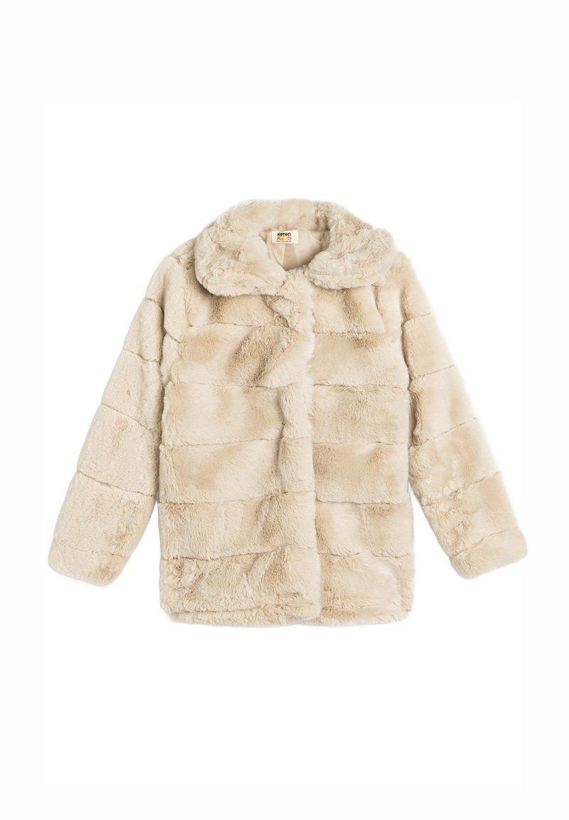 Beige Kunstfellmantel mit Kragen, der ein vertikales Streifenmuster aufweist. Lange Ärmel und eine Knopfleiste vorne. Weicher Textil.