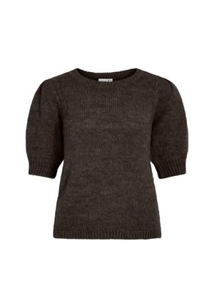 Mörkgrå tröja med rund halsringning, korta puffärmar och ribbad nederkant. Tillverkad av ett mjukt, texturerat stickat material.