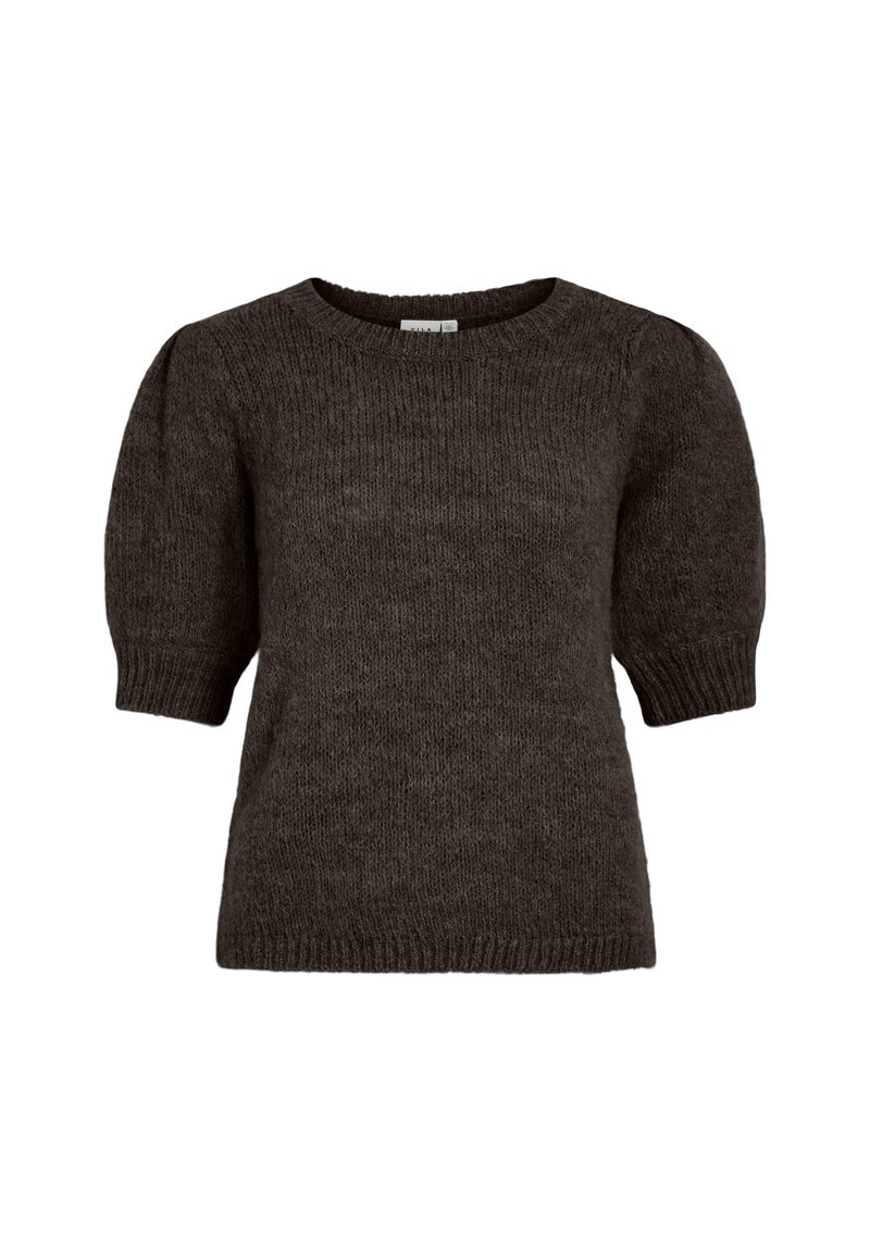 Mörkgrå tröja med rund halsringning, korta puffärmar och ribbad nederkant. Tillverkad av ett mjukt, texturerat stickat material.