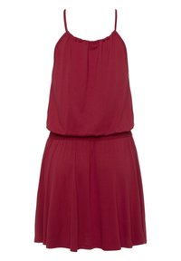 Červené šaty bez rukávů s nařaseným výstřihem a elastickým pasem, s volnou sukní a měkkou, lehkou textilií.