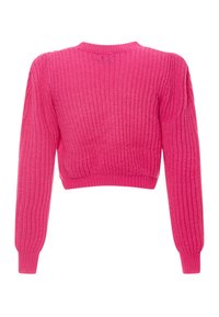 Pulover scurt roz, cu un design texturat și ribflat, decolteu rotund și mâneci lungi cu manșete ajustate.