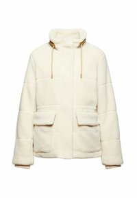 Kermavärviline fliisjakk kõrge kraega, reguleeritavate nööridega, kahe esiosa taskuga ja kasutatud kangal on tikandimuster.