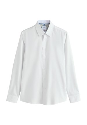 Balta garām piedurknēm krekls ar asu apkakli, priekšpusē ar pogu aizdari un ziedu raksta iekšējo apkakli. Gluda auduma tekstūra.