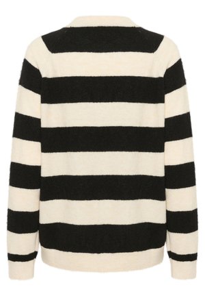 Black and cream striped sweater with a soft, textured fabric. Features a round neckline and relaxed fit. Stripes vary in width.