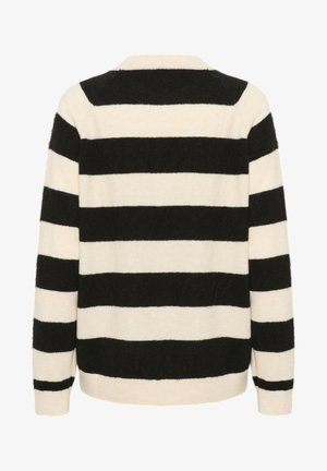Fekete és krémszínű csíkos pulóver puha, texturált anyagból. Kerek nyakkivágással és laza szabással rendelkezik. A csíkok szélessége változó.