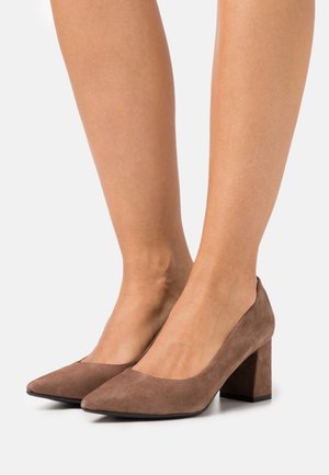 Talons hauts en suede marron avec un bout pointu, un talon modérément épais et un design à décolleté bas, mettant en valeur une texture lisse et une silhouette classique.