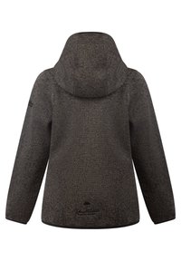 Brun fleecejacka med huva, strukturerat mönster, långa ärmar och en subtil logotyp nära fållen, designad för värme och komfort.