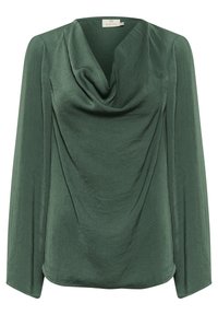 Blouse verte en tissu léger et froissé. Dotée d'un col drapé et de manches longues, avec une texture lisse et une coupe décontractée.
