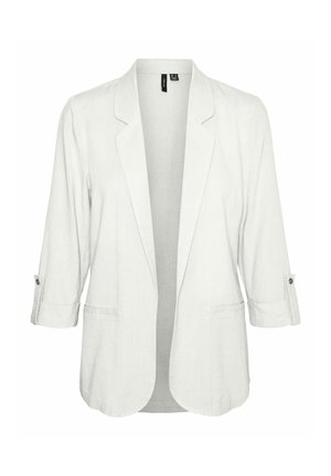 Leichter Leinenblazer in Weiß, mit Schalkragen, Dreiviertelärmel und seitlichen Taschen mit knöpfbaren Manschetten.