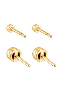 Guldtonede stud ørehængere med et cylindrisk design, en tynd stift og notched detaljer. Glat tekstur med synlige mærker.