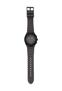 Schwarze analoge Uhr mit hexagonalem Gehäuse, grauem strukturiertem Zifferblatt und grauem Gummiband mit Rillen und mehreren Einstelllöchern.