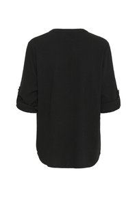 Maglietta nera con maniche a tre quarti, scollatura rotonda e risvolti sulle maniche. Texture morbida, design casual e vestibilità ampia.