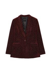 Blazer in velluto borgogna con colletto a punta, chiusura a un bottone e due tasche frontali; presenta una superficie texture e luccicante.