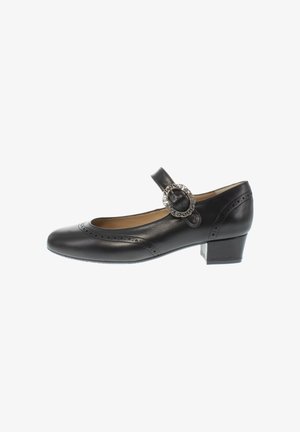 Schwarzer Mary Jane Schuh aus Leder mit abgerundeter Spitze, niedrigem Blockabsatz, dekorativen Brogue-Details und einem einzelnen Riemen mit einer verzierte Schnalle.
