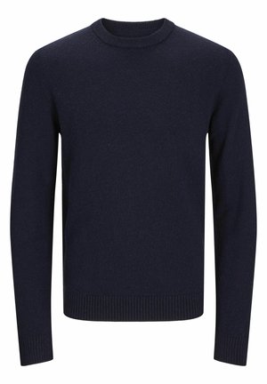 Sötétkék pulóver texturált anyagból, kerek nyakkivágással, hosszú ujjakkal, bordás mandzsettákkal és szegéllyel. Egyszerű, mintázat nélküli dizájn.
