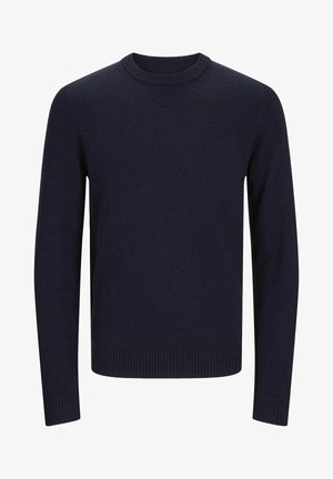 Sötétkék pulóver texturált anyagból, kerek nyakkivágással, hosszú ujjakkal, bordás mandzsettákkal és szegéllyel. Egyszerű, mintázat nélküli dizájn.
