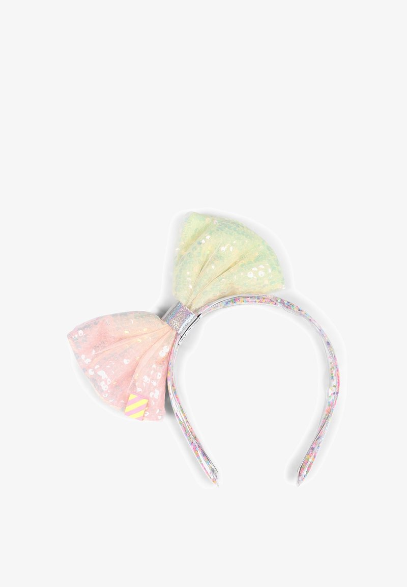 Un bandeau orné d'un grand nœud en tissu pailleté rose et vert. Le bandeau est transparent avec un motif floral coloré et un accent métallique.