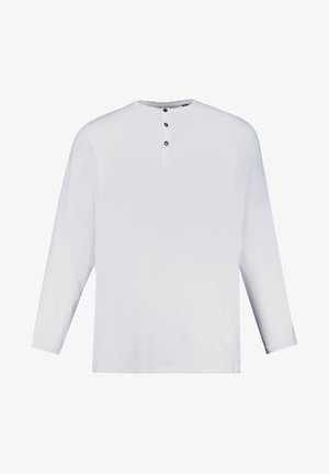 Biała koszula z długim rękawem o okrągłym dekolcie, z trzema guzikami na plisie i subtelnym logo. Wykonana z lekkiej, strukturalnej tkaniny.