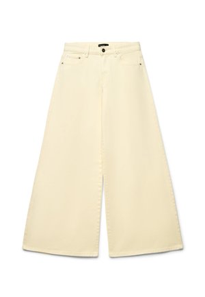 Pantalon large de couleur crème avec poches avant, passants de ceinture et fermeture par bouton à la taille, posé à plat sur fond blanc.