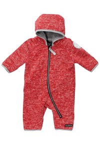 Monosépia de punto rojo con capucha, cremallera completa, detalles en gris en los puños y el cuello, patrón texturizado y logo en la parte delantera.