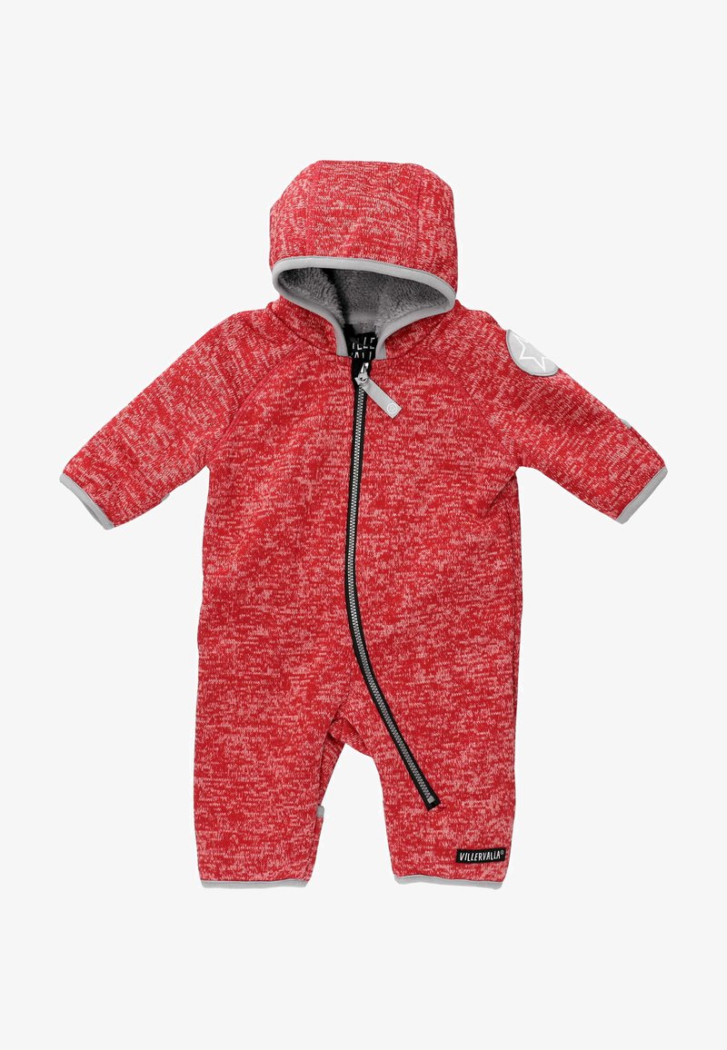 Monosépia de punto rojo con capucha, cremallera completa, detalles en gris en los puños y el cuello, patrón texturizado y logo en la parte delantera.