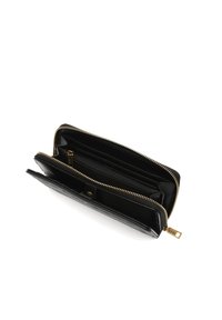 Black leather wallet with gold zipper, featuring multiple compartments and a textured finish. Interior includes additional zippered pocket.