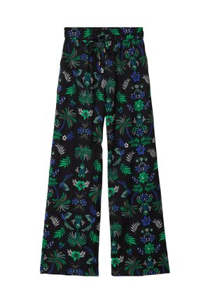 Sorte bukser med vide ben med grønne og blå tropiske blomster- og palmebladprint, elastik i taljen og justerbar snøre.