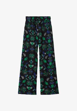 Mustat leveälahkeiset housut, joissa vihreä ja sininen trooppinen kukka- ja palmuaiheinen kuosi, joustava vyötärönauha ja säädettävä kiristysnyöri.