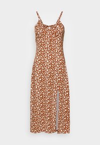 Vestido midi marrón con flores, tirantes finos, detalle de botones en el frente y una abertura lateral. Presenta patrones de flores blancas sobre una tela texturizada.