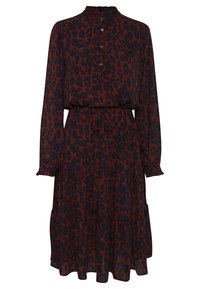 Robe midi à manches longues avec imprimé léopard marron et noir, fermeture boutonnée sur la poitrine, taille avec cordon de serrage et jupe à volants.