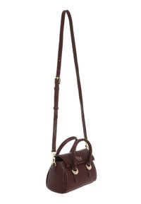 Borsa a mano in pelle marrone con hardware dorato, manici doppi, una tracolla staccabile e una forma strutturata e arrotondata.