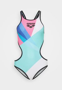 One-piece swimsuit with cut-out sides, multicolor geometric pattern in pink, blue, turquoise, white, and black trim, arena logo on chest.