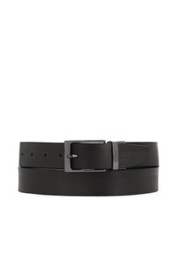 Musta nahkavyö, jossa on sileä pinta ja suorakulmainen metallisolki. Vyössä on tasaisesti sijoitetut reiät säädettävyyttä varten.