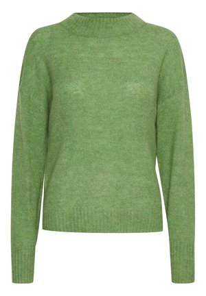 Maglione verde lavorato a maglia con colletto alto e maniche lunghe. Presenta una texture morbida e polsini e orlo a coste. Design semplice, in un colore solido.
