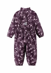 Salopette à motifs violets avec des designs de renards roses, taille élastiquée, col montant avec pressions et poignets élastiques. Fabriquée en matériau résistant à l'eau.