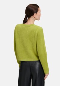 Pull vert et duveteux avec un col rond et des manches longues, de longueur cropped, associé à un pantalon en cuir noir. Texture lisse sans motifs.