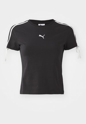 Black t-shirt in cotton, featuring white side stripes, short sleeves with ties, and a small white logo on the chest.