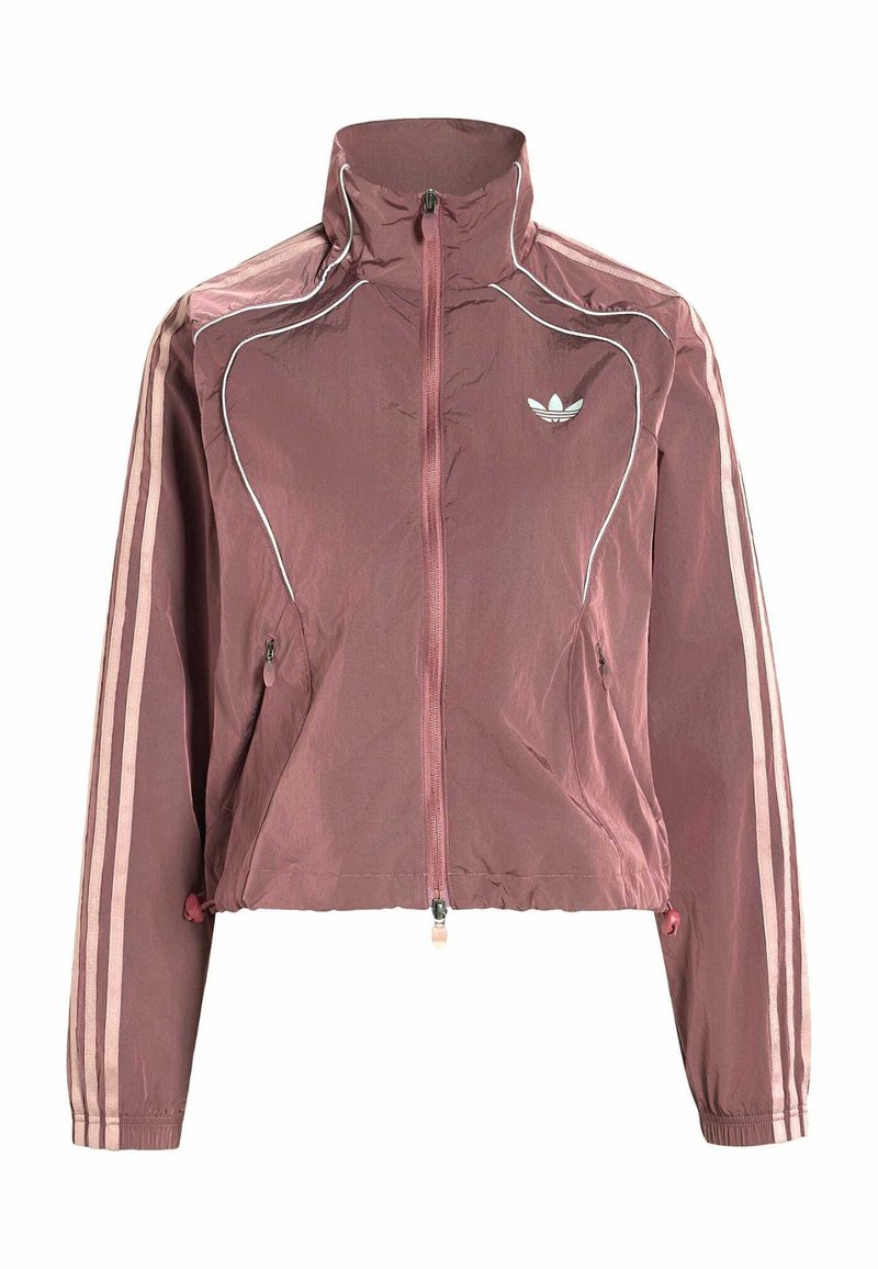 Veste de survêtement Adidas mauve zippée avec col montant, détails passepoil blancs, trois bandes rose clair sur les manches et logo trèfle Adidas sur la poitrine.