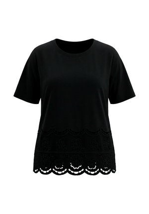 Ulla Popken, FLORAL OPENWORK EMBROIDERED SHORT SLEEVE TEE - Bluse - black