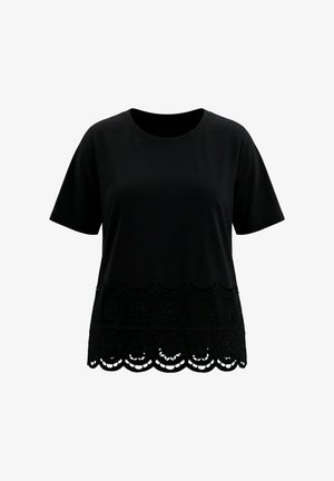 Ulla Popken, FLORAL OPENWORK EMBROIDERED SHORT SLEEVE TEE - Bluse - black
