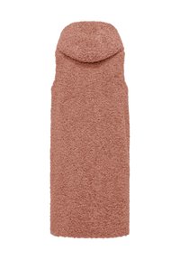Cappotto senza maniche con cappuccio in morbido tessuto rosa testurizzato. Progettato con una lunghezza lunga e un esterno accogliente e peloso. Fodera interna liscia.