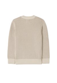 Beige ribbeltrui met een ronde halslijn, lange mouwen en contrasterende ribbelstructuur langs het lichaam en de manchetten.
