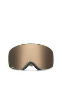 Sonnenbrille mit großen, gebogenen braunen Gläsern, olivgrünem Rahmen und weicher schwarzer Innenpolsterung für Komfort.