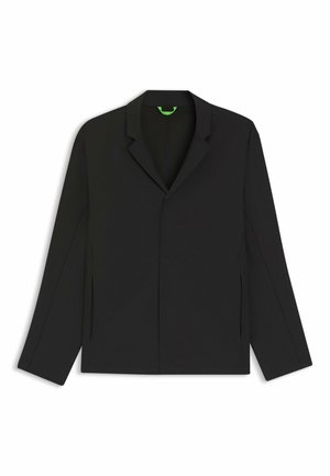 Zwarte blazer met een enkele knoopsluiting, gekleurde revers, lange mouwen en zijsplitten. Gladde stof met een minimalistisch ontwerp.