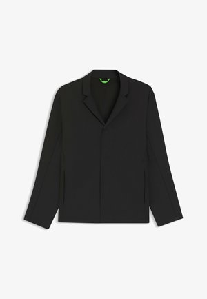 Zwarte blazer met een enkele knoopsluiting, gekleurde revers, lange mouwen en zijsplitten. Gladde stof met een minimalistisch ontwerp.