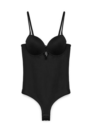 Body nero con design aderente, coppe imbottite, spalline regolabili e un dettaglio decorativo sulla parte anteriore con una texture liscia.